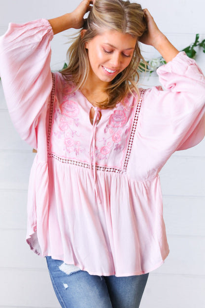 Blush Embroidered Tie String Peasant Top