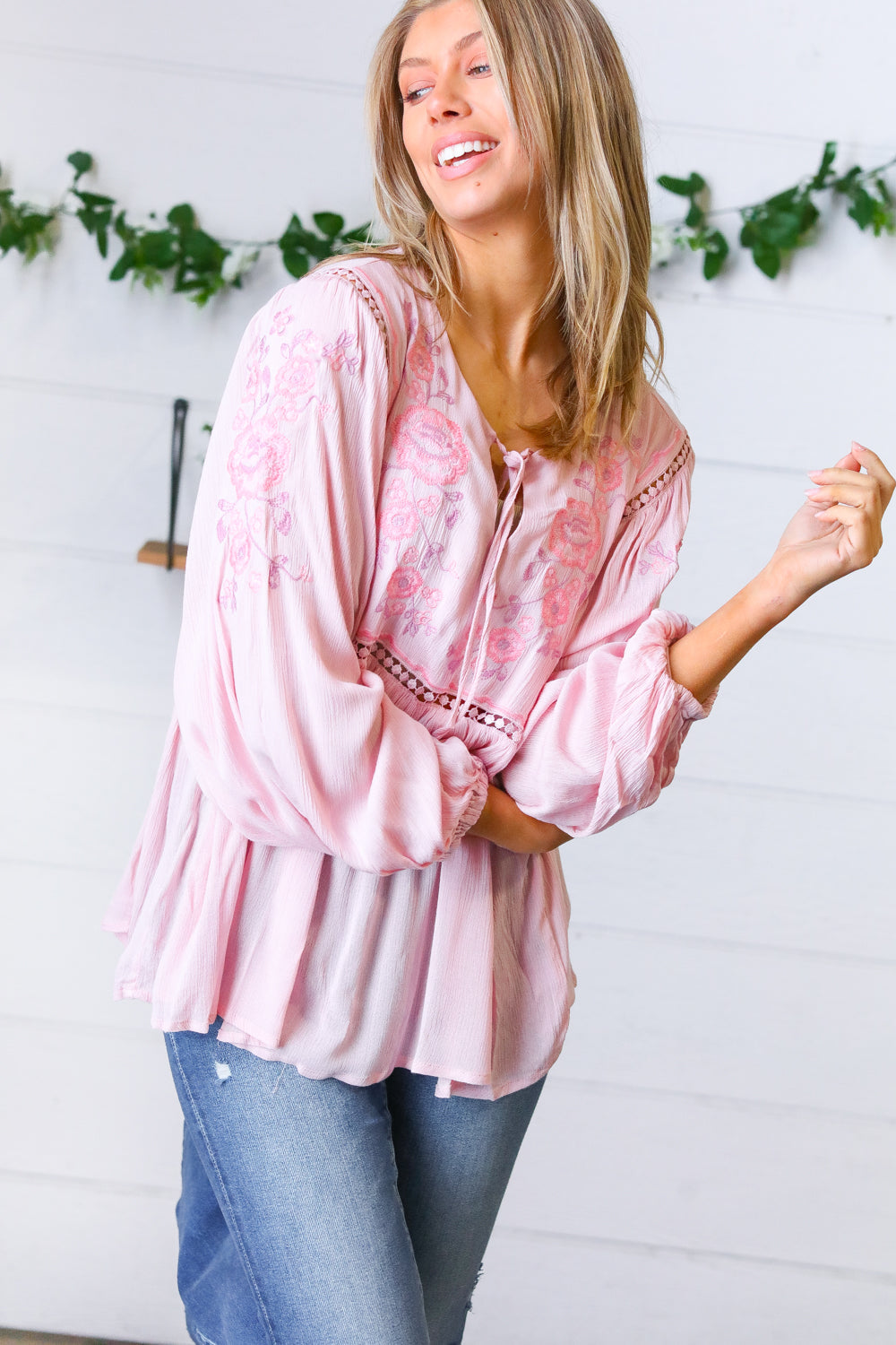 Blush Embroidered Tie String Peasant Top