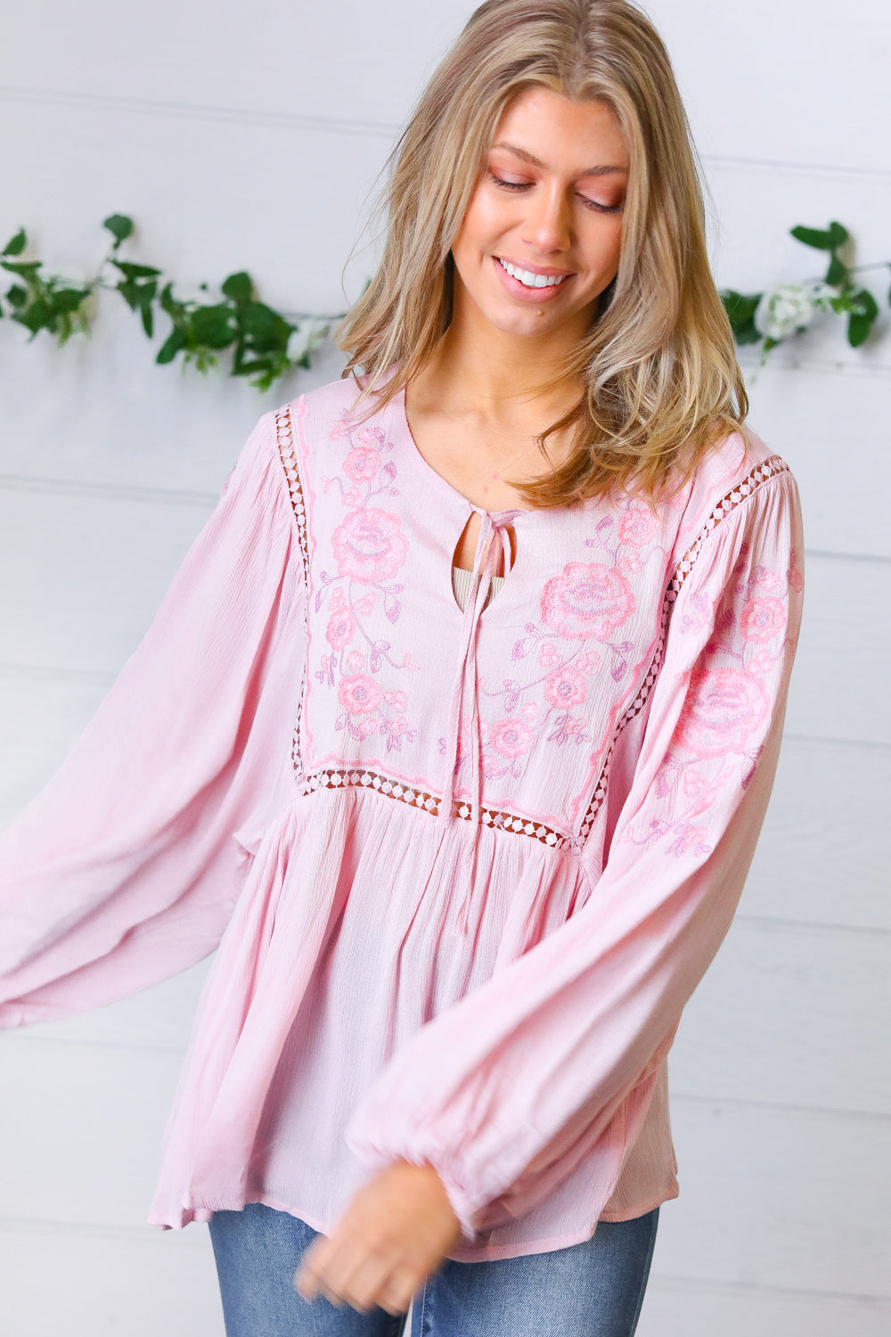 Blush Embroidered Tie String Peasant Top