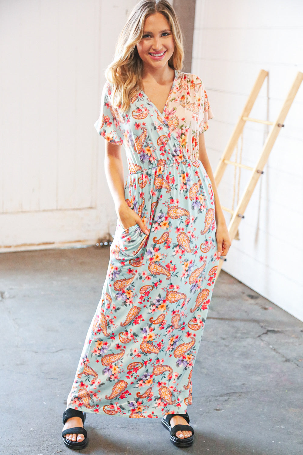 Lt Blue Floral Paisley Surplice Elastic Waist Maxi Dress