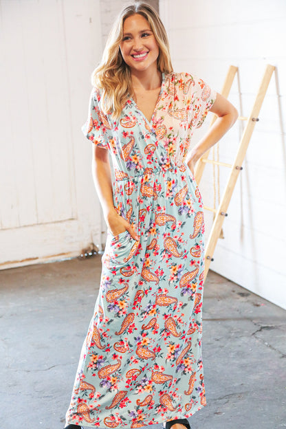 Lt Blue Floral Paisley Surplice Elastic Waist Maxi Dress