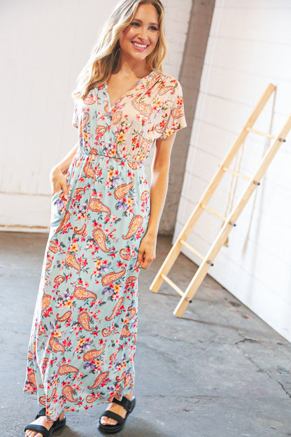 Lt Blue Floral Paisley Surplice Elastic Waist Maxi Dress