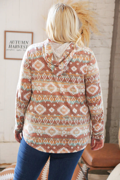 Taupe Aztec Print Lace Embellished Terry Hoodie