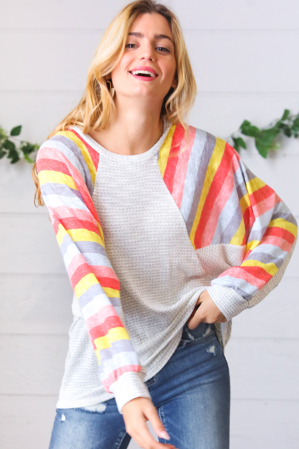 Grey Two Tone Multi Color Stripe Raglan Top