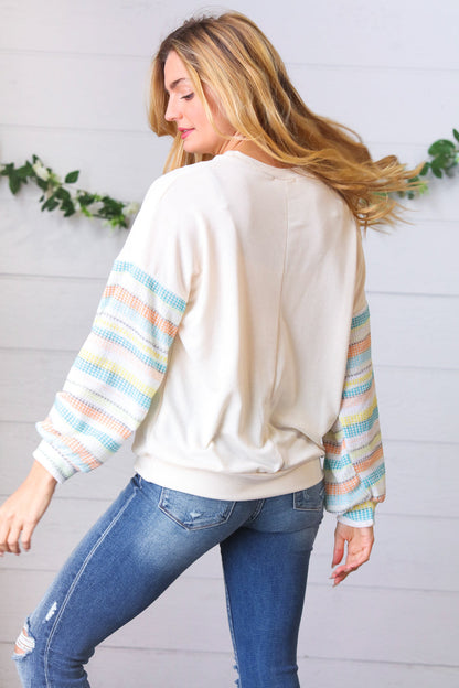 Oatmeal Lace V Neck Vintage Stripe Pullover