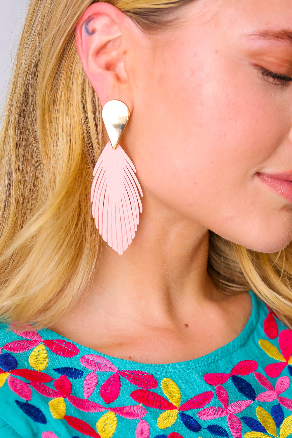 Blush & Gold Leather Fringe Feather Earrings